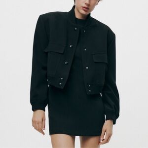 Zara Cropped Maxi Pocket Bomber Jacket Black